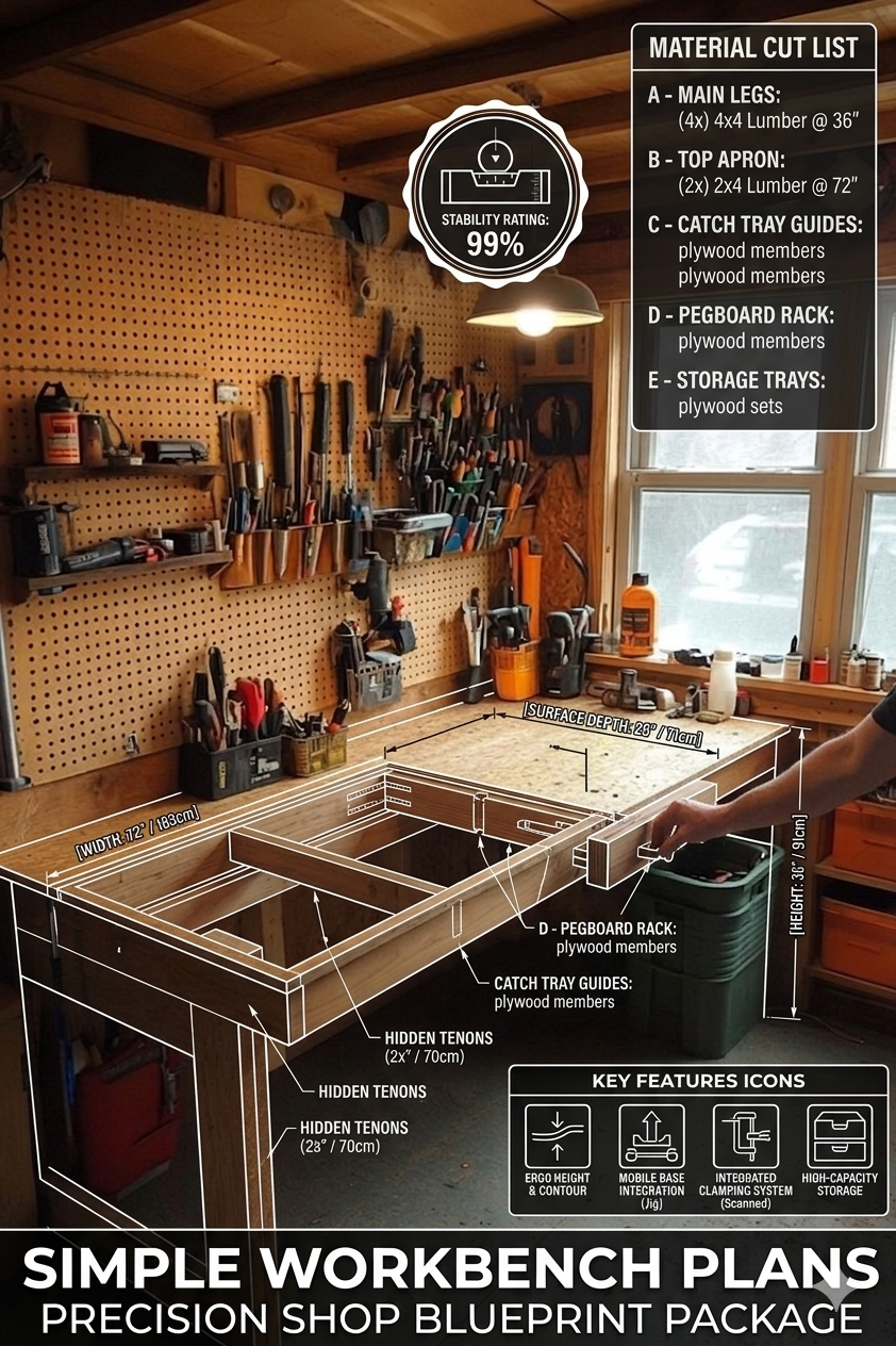 DIY Simple Workbench Plans - Heavy Duty Garage Storage & Organization